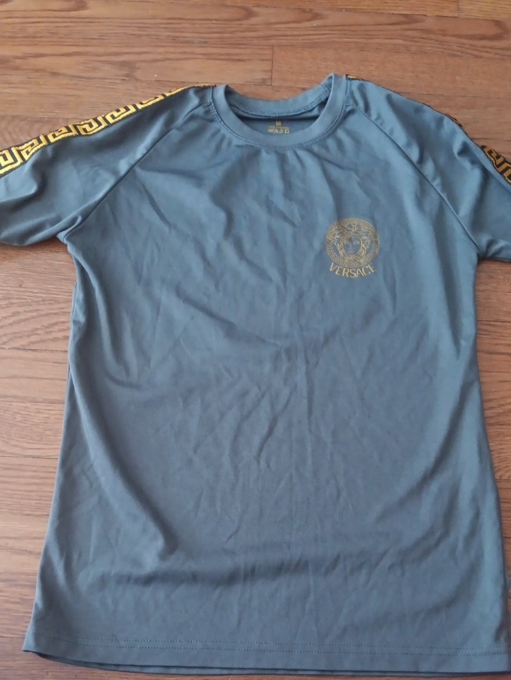 Versace Men’s Slate Gray Short-Sleeve Tee with Gold Medusa Detail